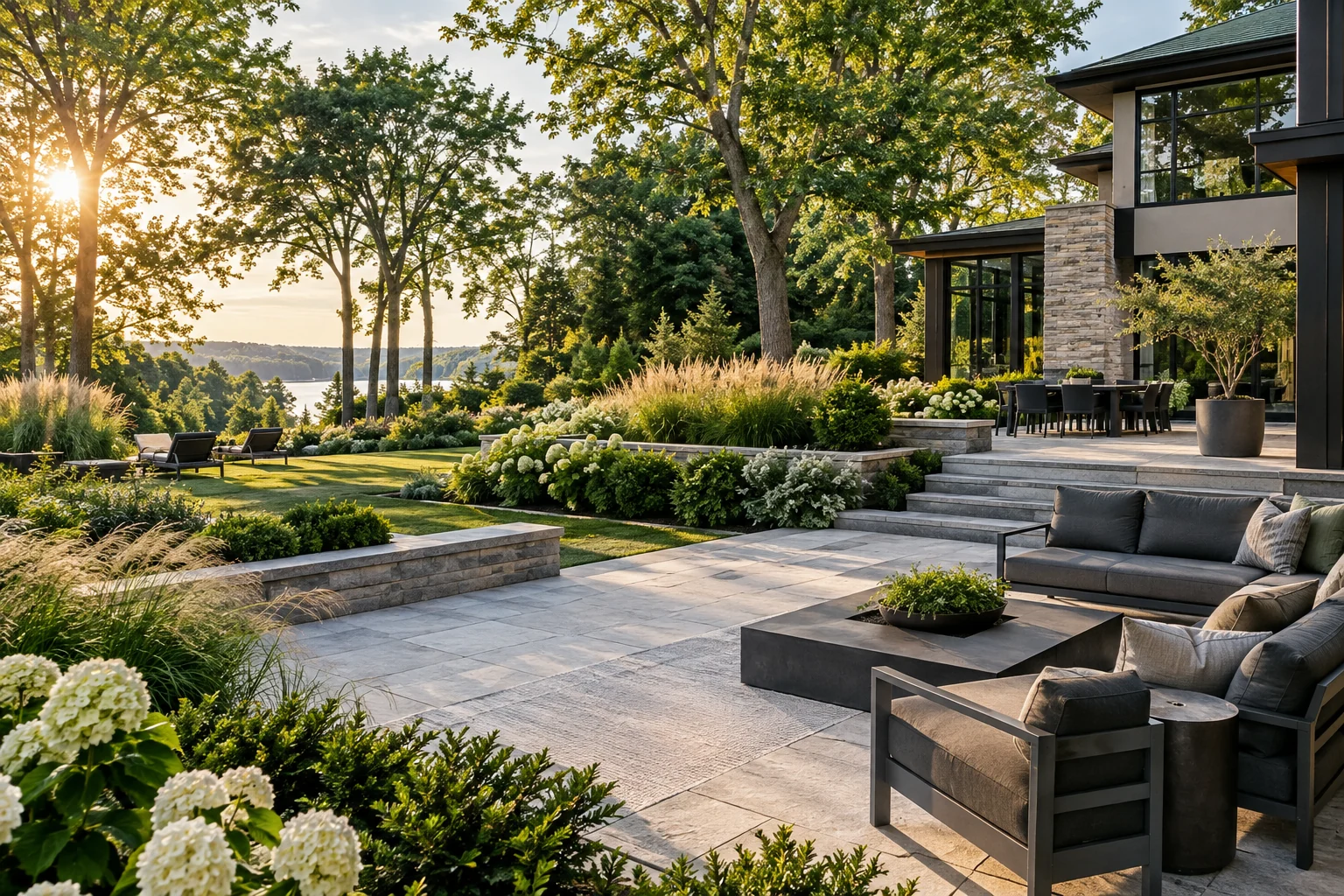 Landscape concept: a contemporary garden and stone patio